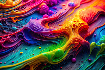 Naklejka premium Dynamic abstract artwork featuring vibrant layers of thick paint in spectrum of colors, creating mesmerizing flow and texture. vivid hues evoke sense of energy and creativity