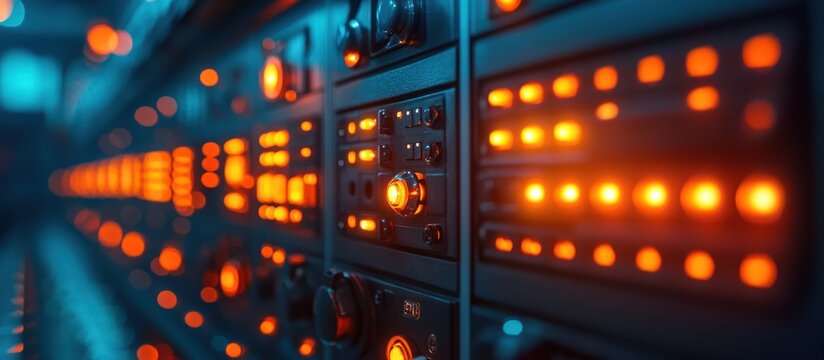 Close up view of a server rack with glowing orange lights.