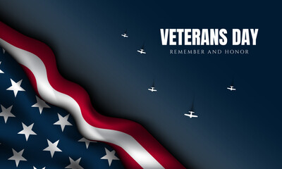 Veterans Day Poster Design with American flag and aircraft illustration on blue background.