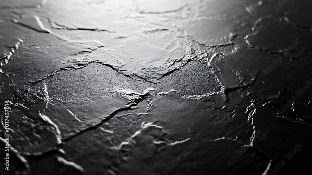Aufkleber A close-up view of a textured, dark surface with visible cracks reflecting light, creating a dramatic monochrome effect.