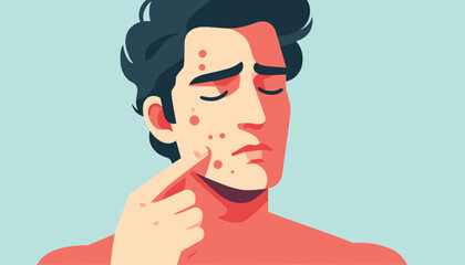 A vector illustration portrays a young man's face with acne problem skin care solution