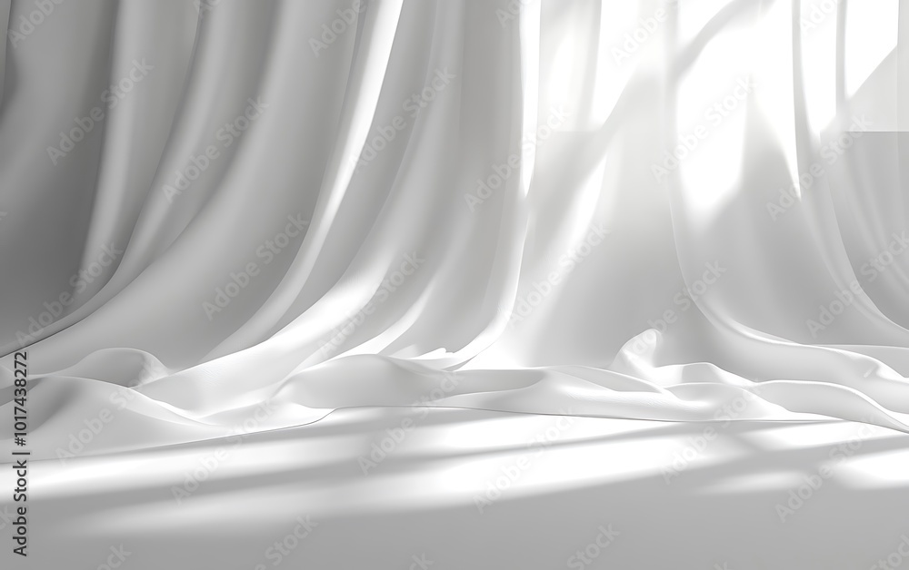 Fototapete Soft white curtains drape elegantly, casting subtle shadows on the floor, creating a serene and tranquil atmosphere.