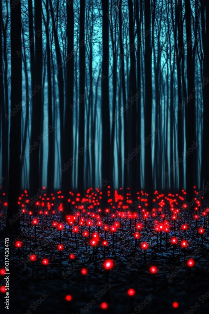 Poster a serene forest scene featuring glowing red lights amidst tall trees, creating a mystical atmosphere