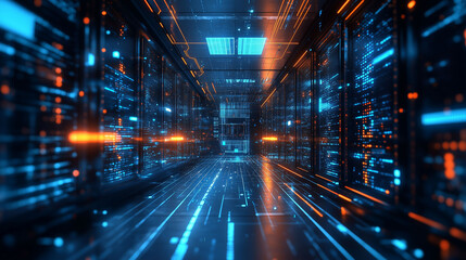 Futuristic data center hallway with glowing digital lines and servers