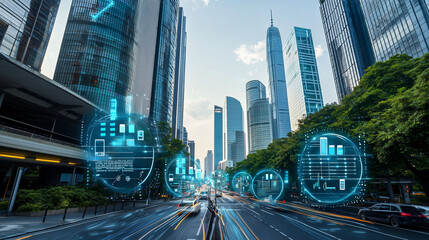Futuristic smart city with digital data overlays on busy streets