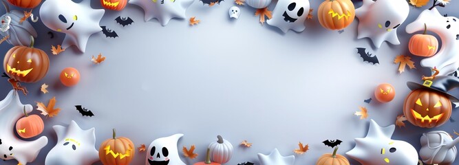 Halloween-Themed Flat Lay Background Poster with Copy Space, Including Pumpkins, Spiders, and Skeletons

