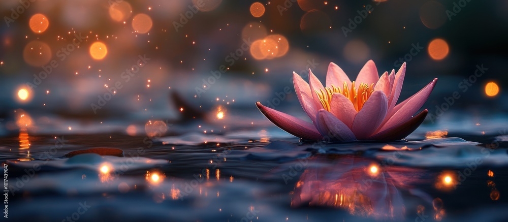 Poster pink water lily floating on a calm pond with bokeh lights in the background.