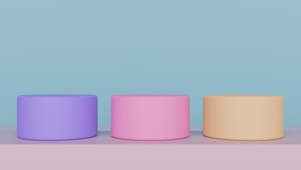 three different colored containers on a shelf