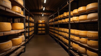 Old cheese factory in Tuscany, Italy. Italian cheese production, A cheese aging cellar with rows of cheese wheels on wooden shelves.