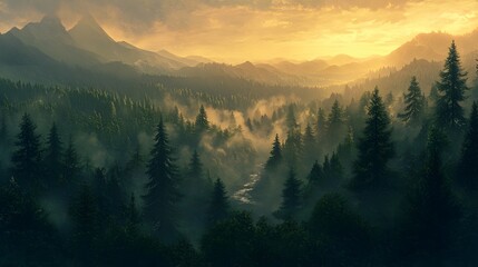 Dramatic Sunrise Over Lush Forest Landscape