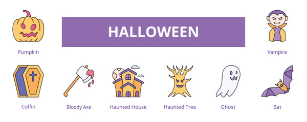 Halloween Lineal Color Banner Web Icon Set Vector Illustration, Pumpkin Coffin Bloody Axe Haunted House Haunted Tree Ghost Bat Vampire