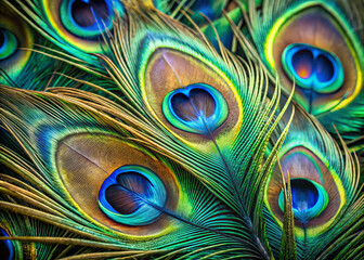 Vibrant peacock feathers display intricate patterns of blue and green hues, showcasing their natural beauty and elegance. detailed textures create mesmerizing visual experience
