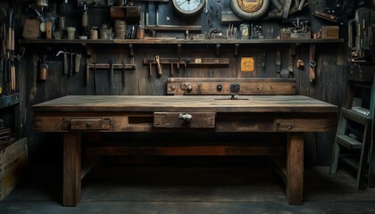 Rustic wooden workbench in a workshop with tools and a clock on the wall.