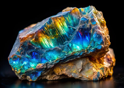Luminous spectrolite feldspar showcases vibrant colors and intricate patterns, captivating with its stunning iridescence and unique geological features
