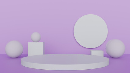 a purple room with a round mirror and three white balls