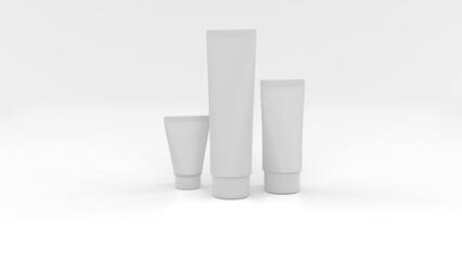 Blank plastic tubes mockup for cosmetics with cap, on white background. Can be use for your design, advertising, promo and etc. 3d illustration.