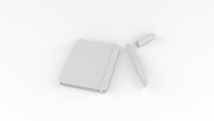 Blank closed note book and ink pen mockup, on white background. Can be use for your design, advertising and promo. 3d illustration.