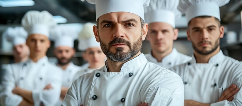 Group of professional chefs in a kitchen standing with their arms crossed.