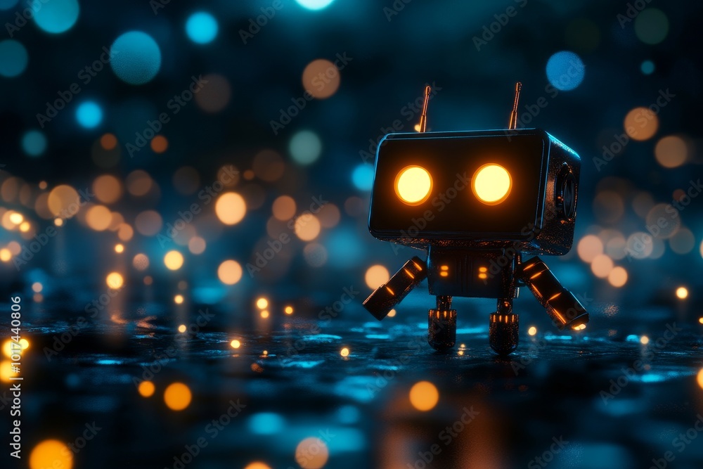 Aufkleber a charming, small robot with glowing eyes stands on a futuristic surface illuminated by scattered li