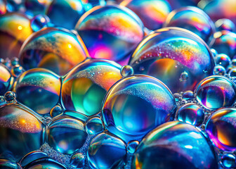 Iridescent bubbles create mesmerizing display of colors and reflections, showcasing beauty of light interacting with water. vibrant hues and intricate details evoke sense of wonder and fascination