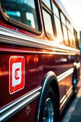 Vintage Red Bus with Logo and Sun Flare