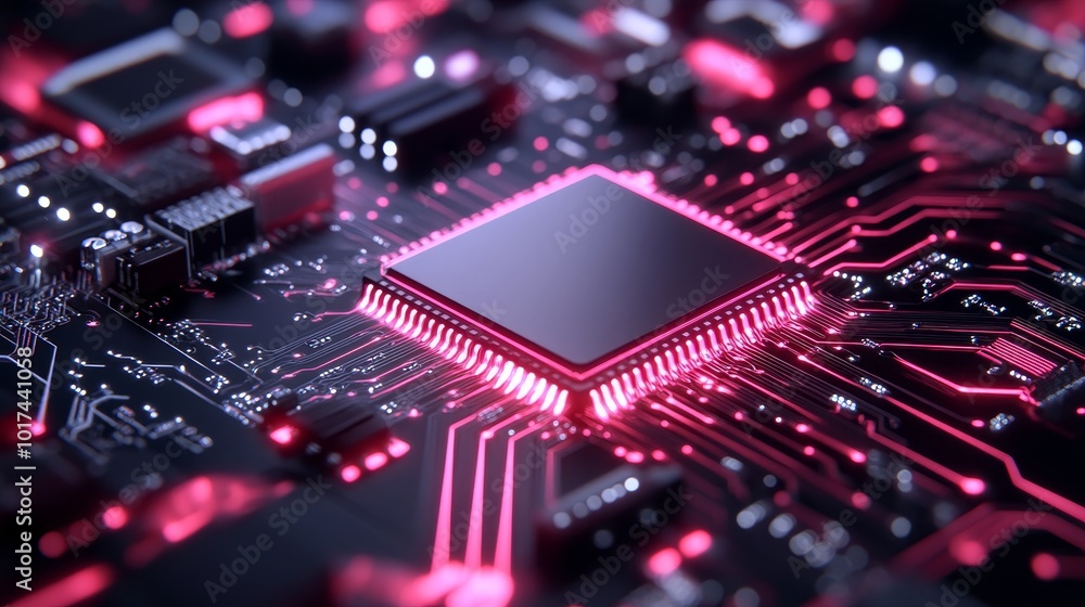 Poster a close-up shot of a futuristic circuit board with a central processor chip, illuminated with vibran