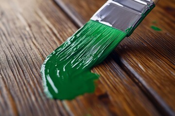 Fototapeta premium A close-up shot of a paintbrush applying green paint to a wooden surface. The bristles are visible, and the paint is wet and glossy. The wood grain is also visible, suggesting a natural and rustic fee