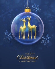 Christmas greeting card. Golden deers in a transparent glass ball. Shining showflakes, glitter confetti. New Year Xmas blue background. Festive holiday poster, banner, flyer. 3D Vector illustration.