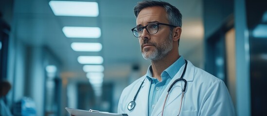 Fototapeta premium A serious middle-aged male doctor wearing a white coat and stethoscope, looking thoughtfully towards the right side of the frame, standing in a hospital corridor.