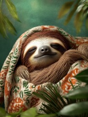 Fototapeta premium A cute sloth snuggles peacefully in a soft blanket, enjoying a restful sleep surrounded by lush green foliage. This image embodies relaxation, tranquility, and the joy of simple pleasures.
