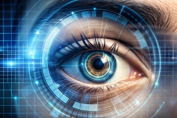 Close-up of eye with futuristic tech interface
