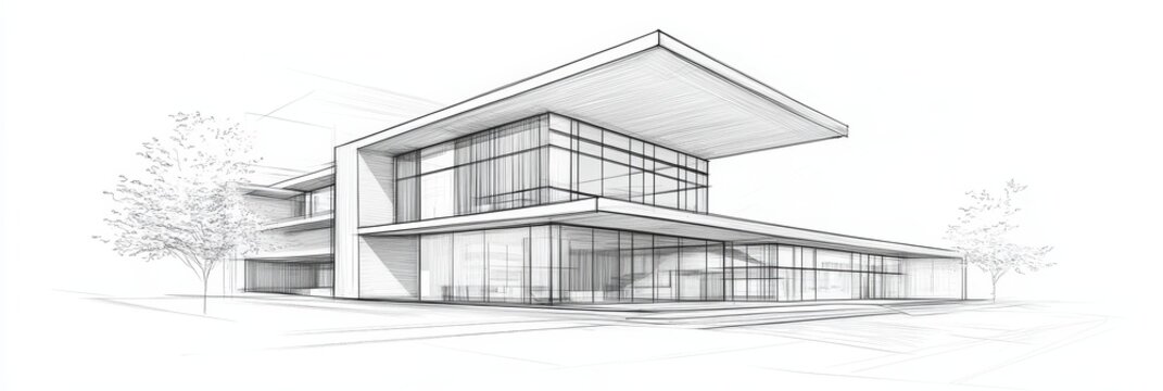 A detailed pencil sketch of a modern building design featuring sleek lines, large windows, and a minimalist aesthetic. The sketch showcases innovative architectural concepts and a contemporary style.