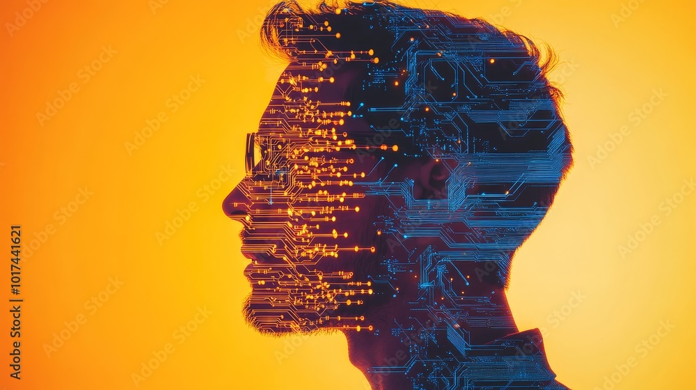 Poster a double exposure portrait of an electrical engineer with a circuit board overlay, symbolizing the c