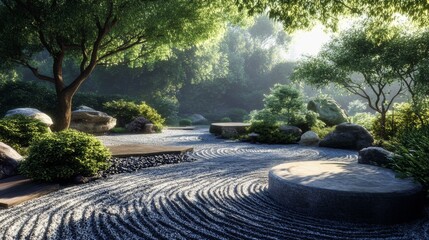 Tranquil Zen garden with raked gravel, stones, and lush greenery.