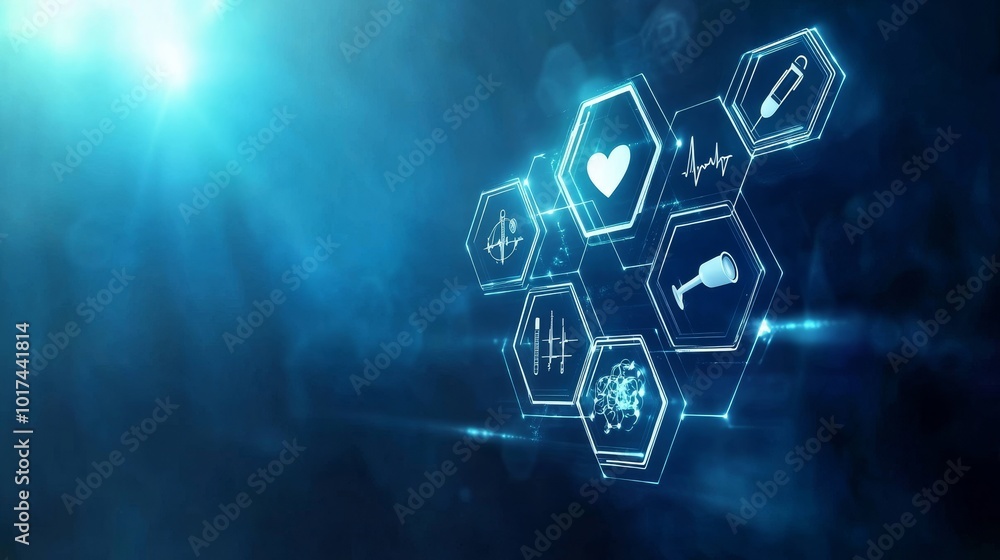 Poster a futuristic abstract background with a blue gradient and a series of hexagons containing medical ic