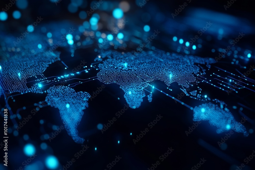 Poster a futuristic representation of the global digital network, showcasing a world interconnected by tech