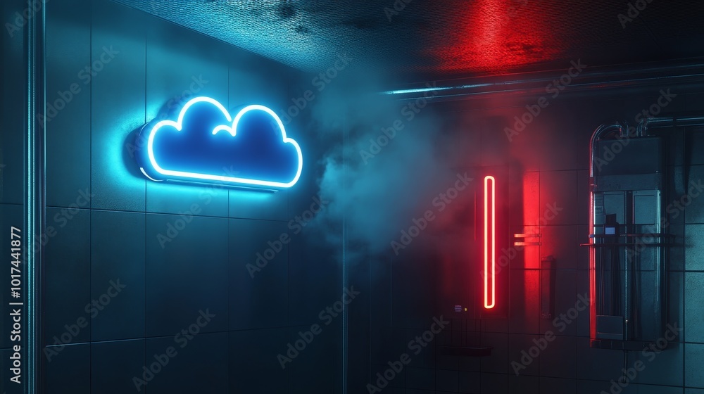 Poster a futuristic server room illuminated by neon lights, showcasing a blue cloud neon sign, representing