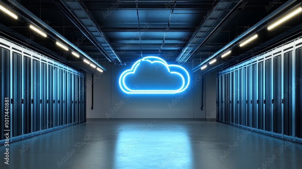 Poster a futuristic server room with rows of servers and a glowing blue neon cloud symbol on the wall, symb