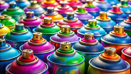 Vibrant spray paint cans in colorful array create artistic and lively atmosphere, showcasing spectrum of hues and creativity