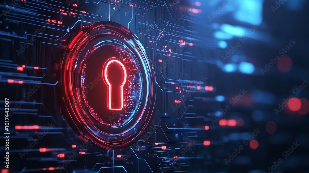 Poster a glowing red digital shield with a keyhole at its center, representing secure access, data protecti