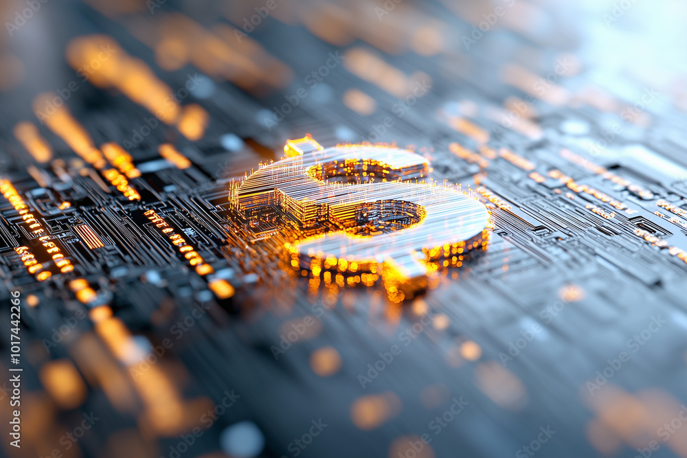 Poster digital rendering of glowing dollar sign on circuit board background, symbolizing economic policy sh