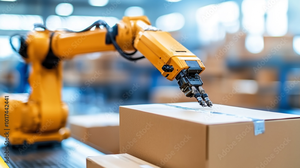 Aufkleber Automated packaging robots are efficiently sorting and boxing products in modern warehouse environment. robotic arm showcases advanced technology and precision in handling packages
