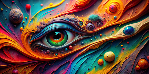 vibrant abstract design featuring eye surrounded by swirling colors and cosmic elements, creating mesmerizing visual experience. layers of paint form bold and dynamic composition