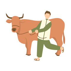 Eid Al Adha Cute Cartoon Character on White Background. with Sacrificial Animal. Isolated Illustration