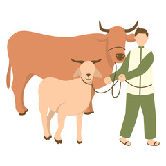 Eid Al Adha Cute Cartoon Character on White Background. with Sacrificial Animal. Isolated Illustration