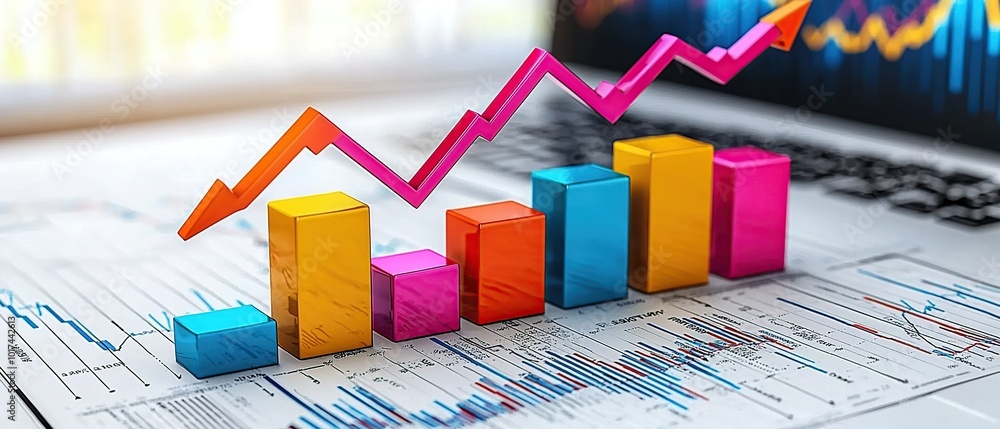 Poster colorful bar graph with a red arrow pointing upward on top of a financial document.