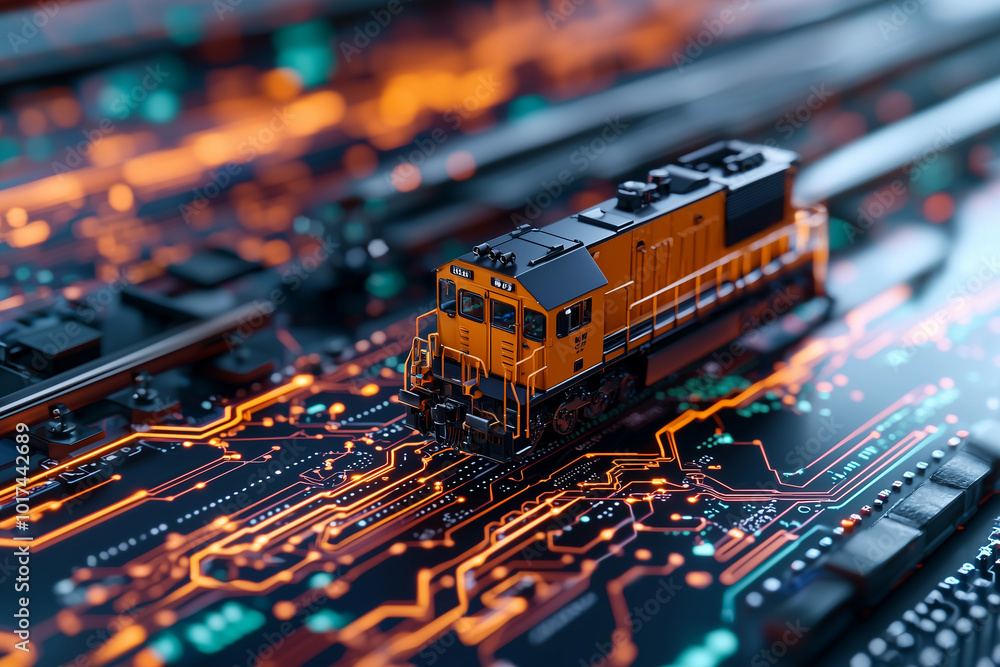 Aufkleber Digital rendering of model train on circuit board, showcasing intersection of technology and transportation. vibrant colors and intricate details evoke sense of innovation and progress