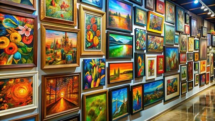 Art gallery with colorful paintings on wall