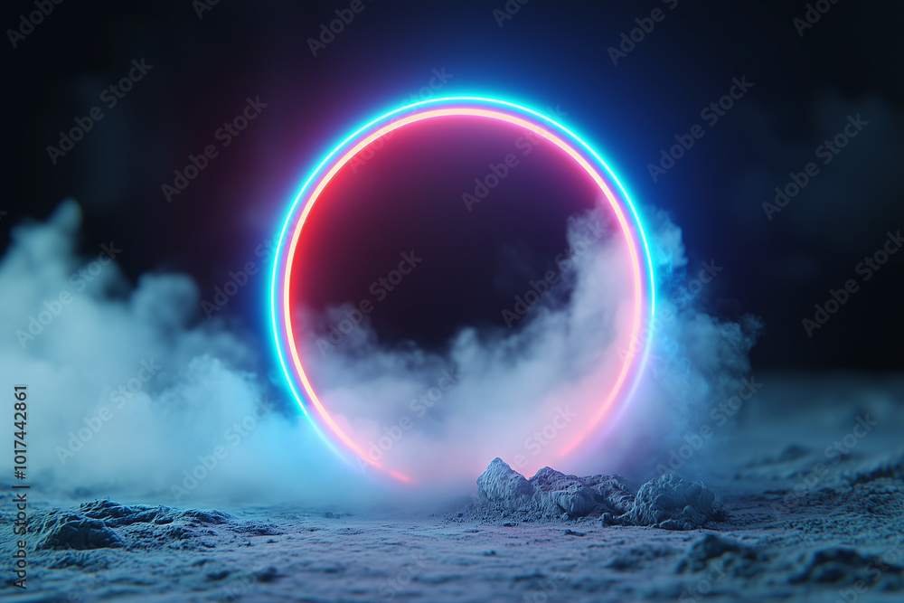 Poster vibrant neon circle glows amidst misty landscape, creating dynamic and captivating atmosphere. interplay of bright colors and fog evokes sense of mystery and wonder