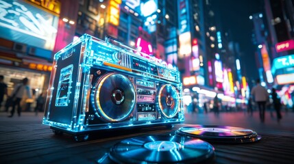 Fototapeta premium A retro boombox bathed in vibrant neon light sits on a city street at night, evoking a sense of urban nostalgia and a vibrant music scene.